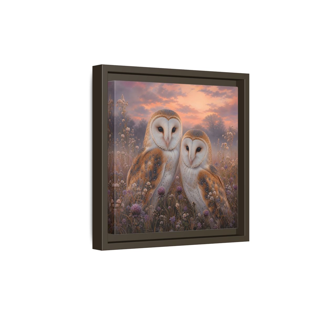 Side Mockup 20. Birds Barn Owls Barn Owls Sunset shown as stretched canvas wall art