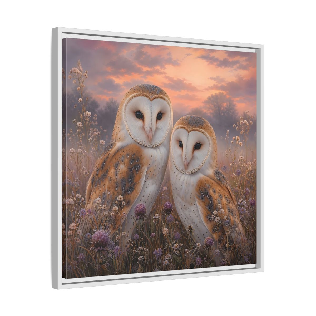Side Mockup 26. Birds Barn Owls Barn Owls Sunset shown as stretched canvas wall art