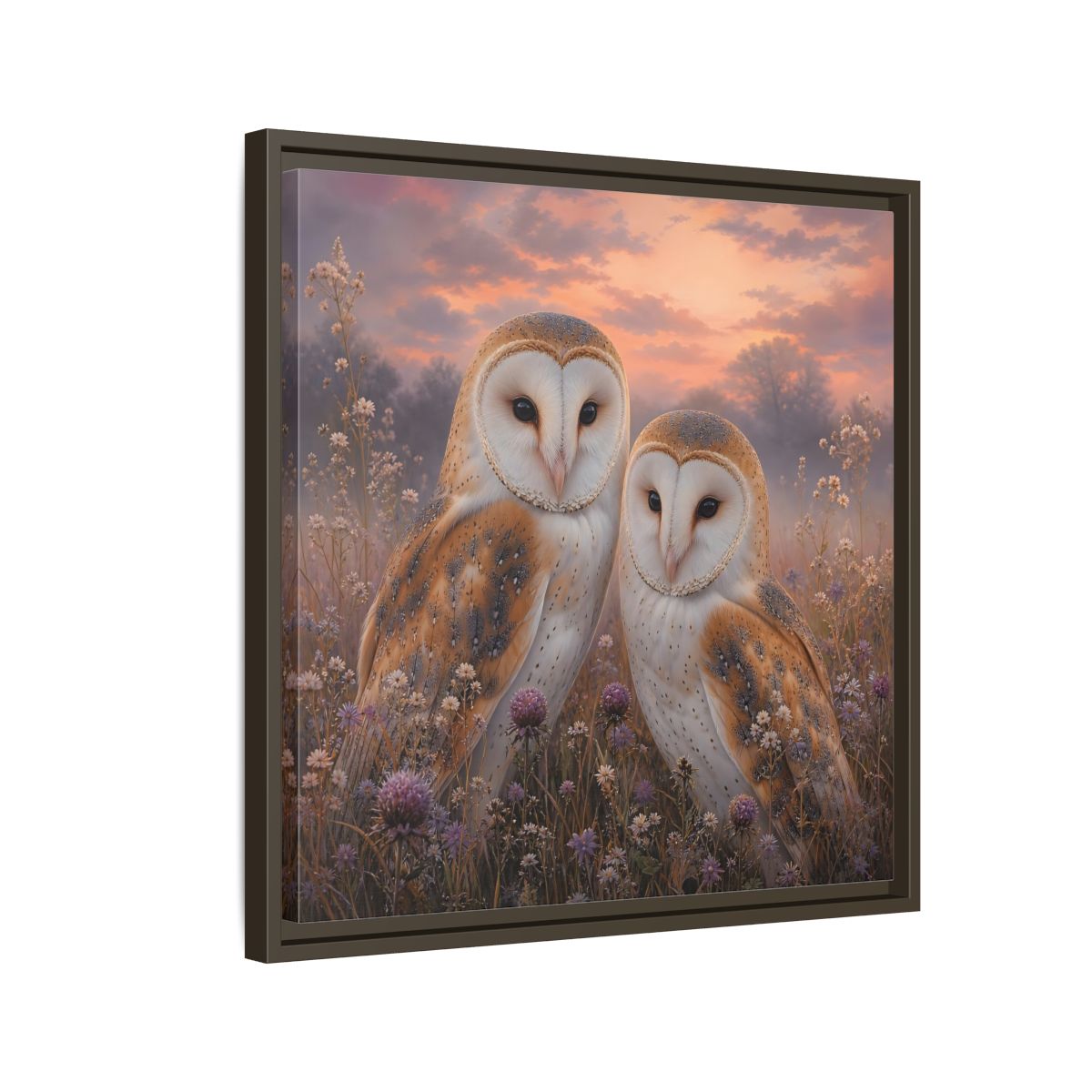 Side Mockup 11. Birds Barn Owls Barn Owls Sunset shown as stretched canvas wall art