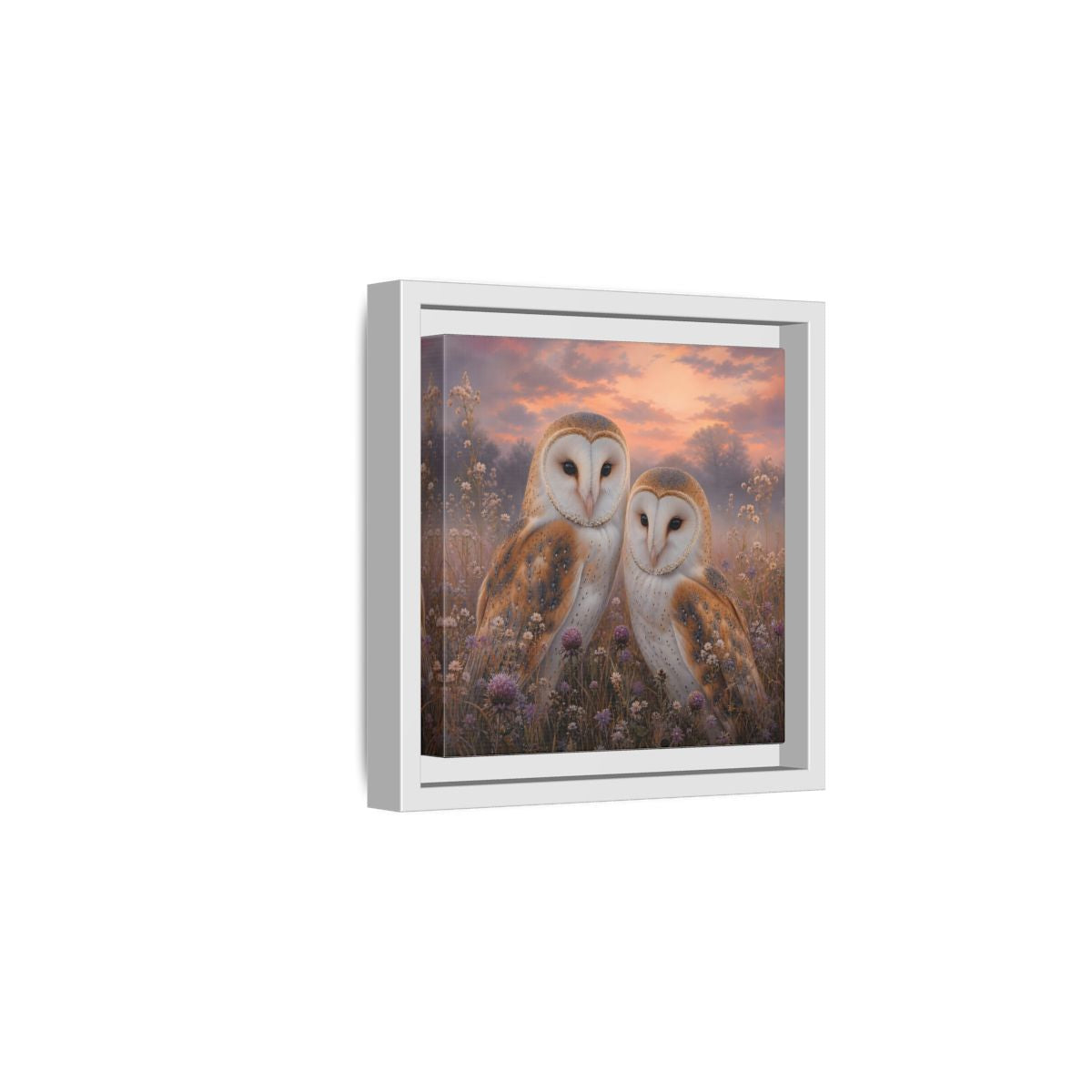 Side Mockup 1. Birds Barn Owls Barn Owls Sunset shown as stretched canvas wall art