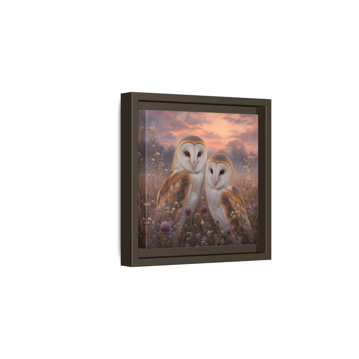 Side Mockup 2. Birds Barn Owls Barn Owls Sunset shown as stretched canvas wall art
