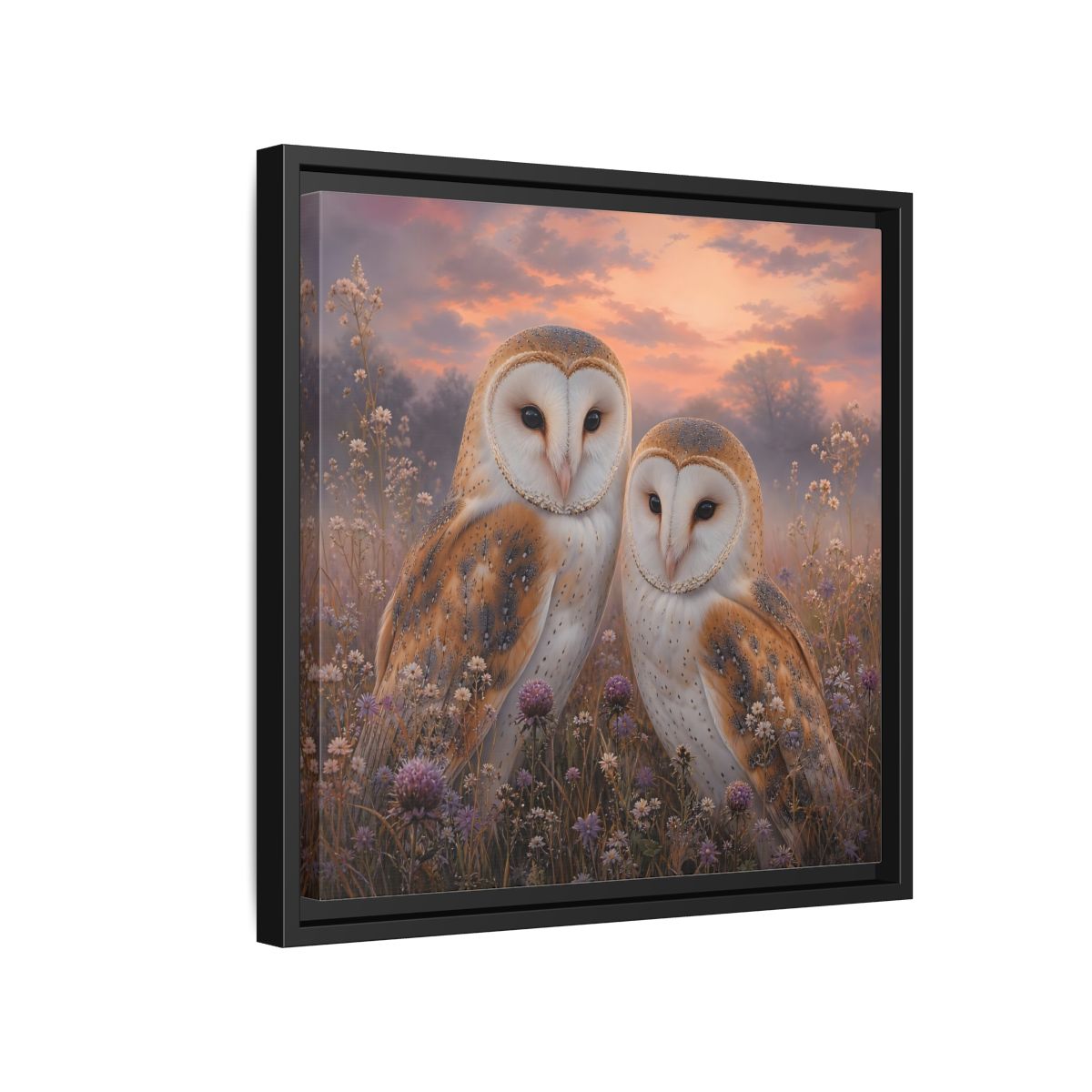 Side Mockup 15. Birds Barn Owls Barn Owls Sunset shown as stretched canvas wall art