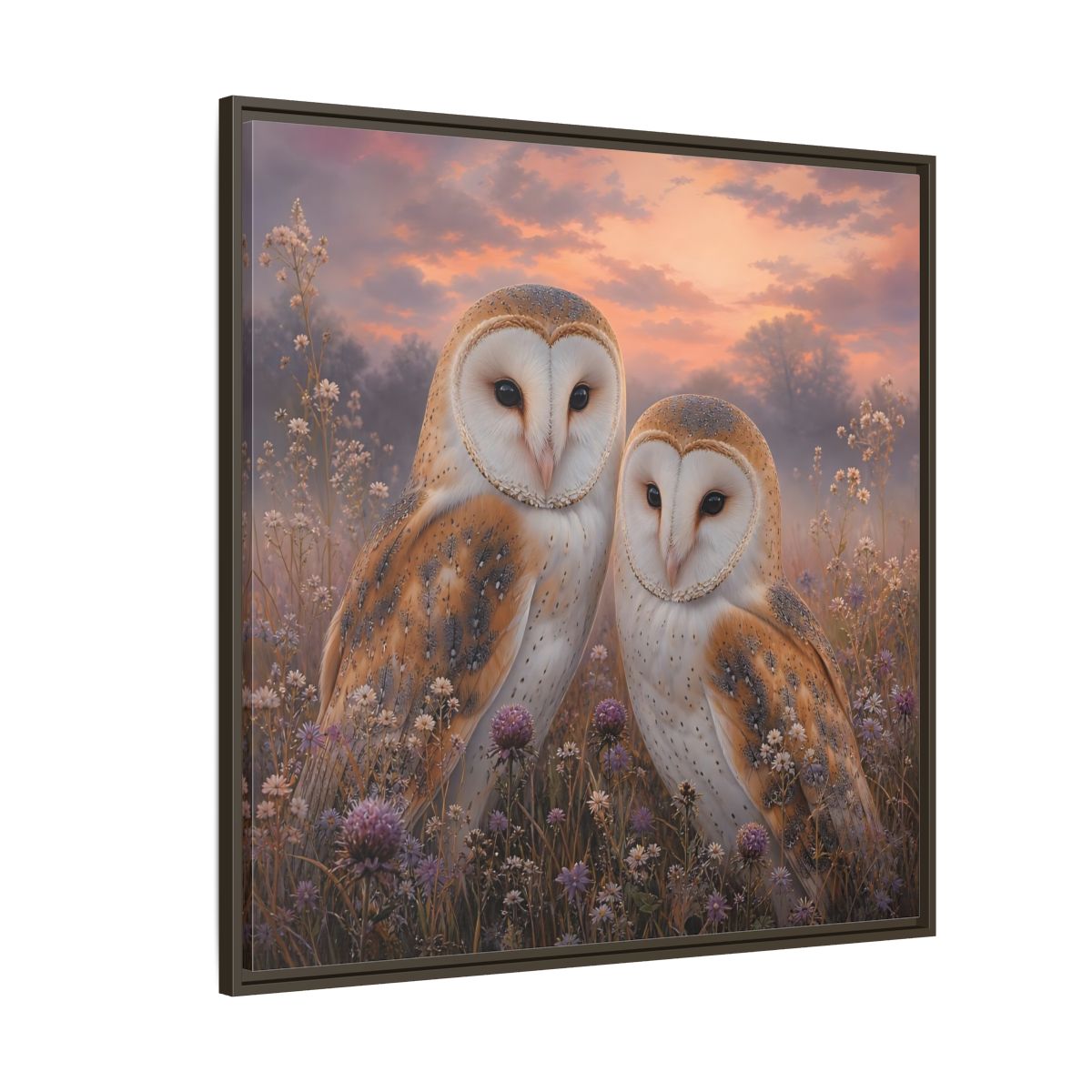 Side Mockup 5. Birds Barn Owls Barn Owls Sunset shown as stretched canvas wall art