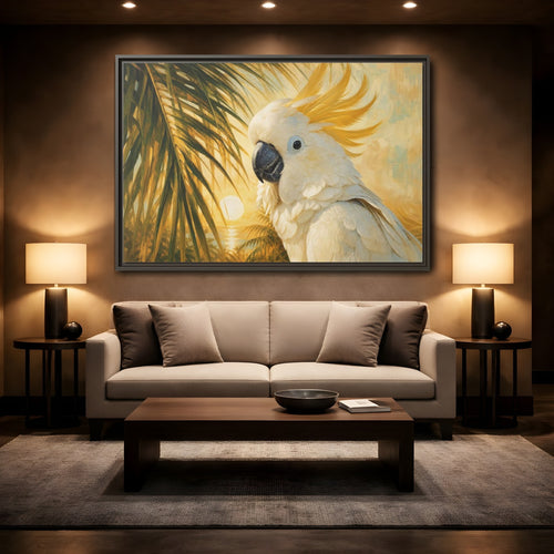Mockup 2. Birds Cockatoo Tropical Cockatoo shown as stretched canvas wall art