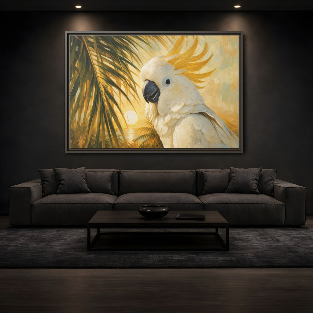 Mockup 3. Birds Cockatoo Tropical Cockatoo shown as stretched canvas wall art