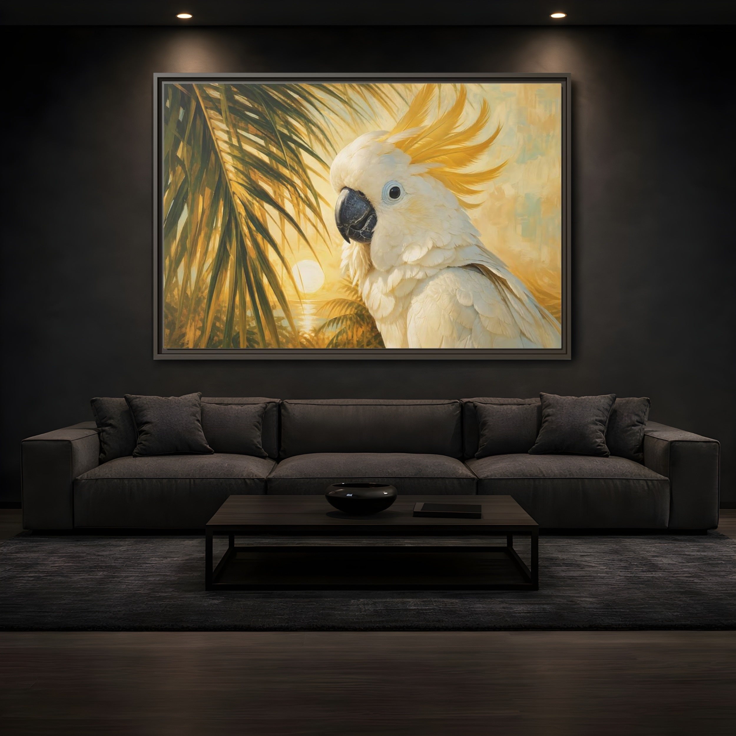 Mockup 3. Birds Cockatoo Tropical Cockatoo shown as stretched canvas wall art