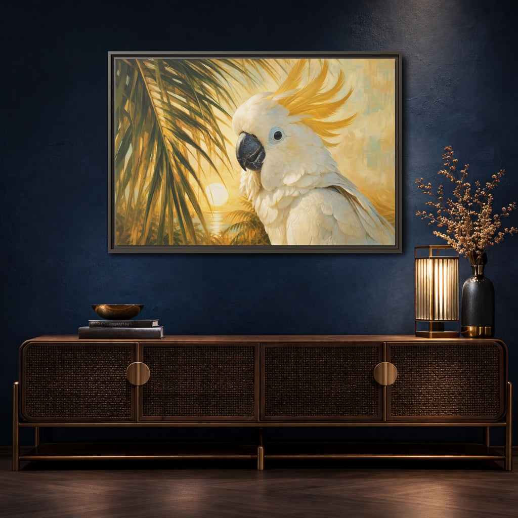 Mockup 4. Birds Cockatoo Tropical Cockatoo shown as stretched canvas wall art