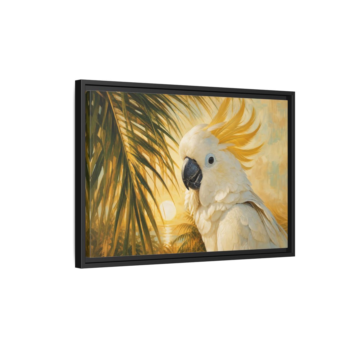 Side Mockup 3. Birds Cockatoo Tropical Cockatoo shown as stretched canvas wall art
