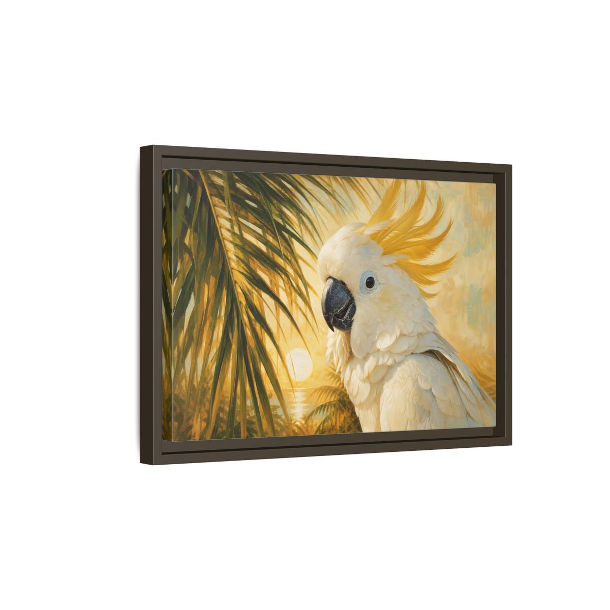 Side Mockup 5. Birds Cockatoo Tropical Cockatoo shown as stretched canvas wall art