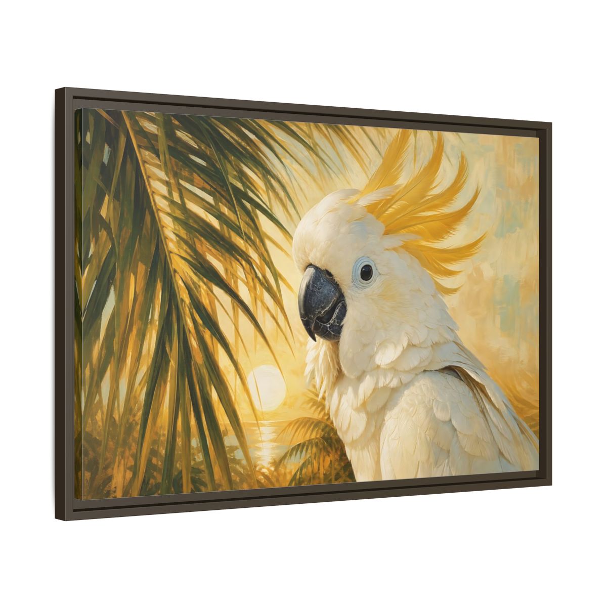 Side Mockup 11. Birds Cockatoo Tropical Cockatoo shown as stretched canvas wall art