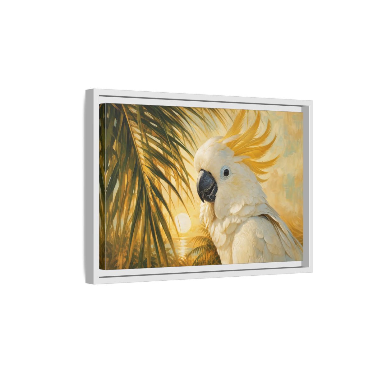 Side Mockup 4. Birds Cockatoo Tropical Cockatoo shown as stretched canvas wall art