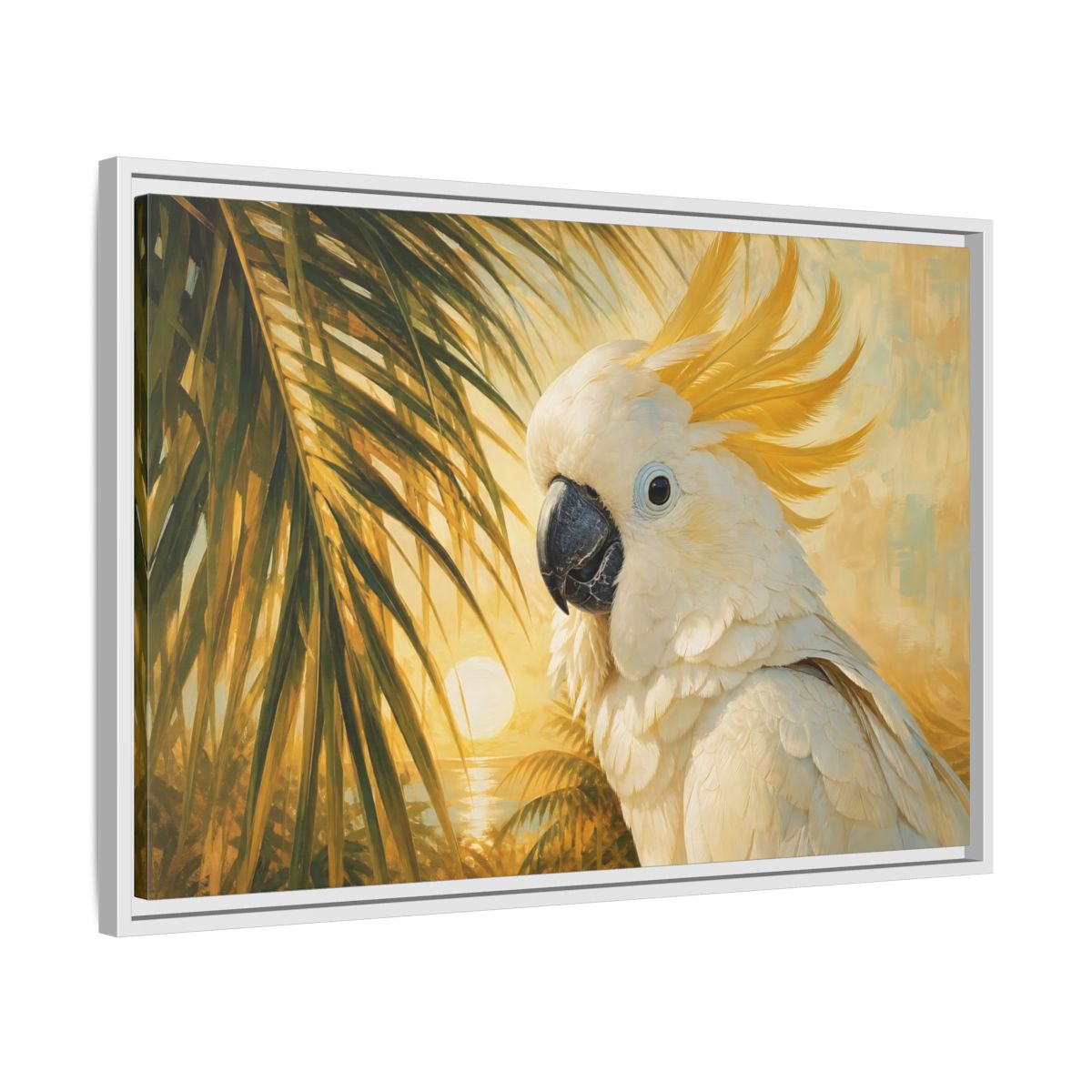 Side Mockup 10. Birds Cockatoo Tropical Cockatoo shown as stretched canvas wall art