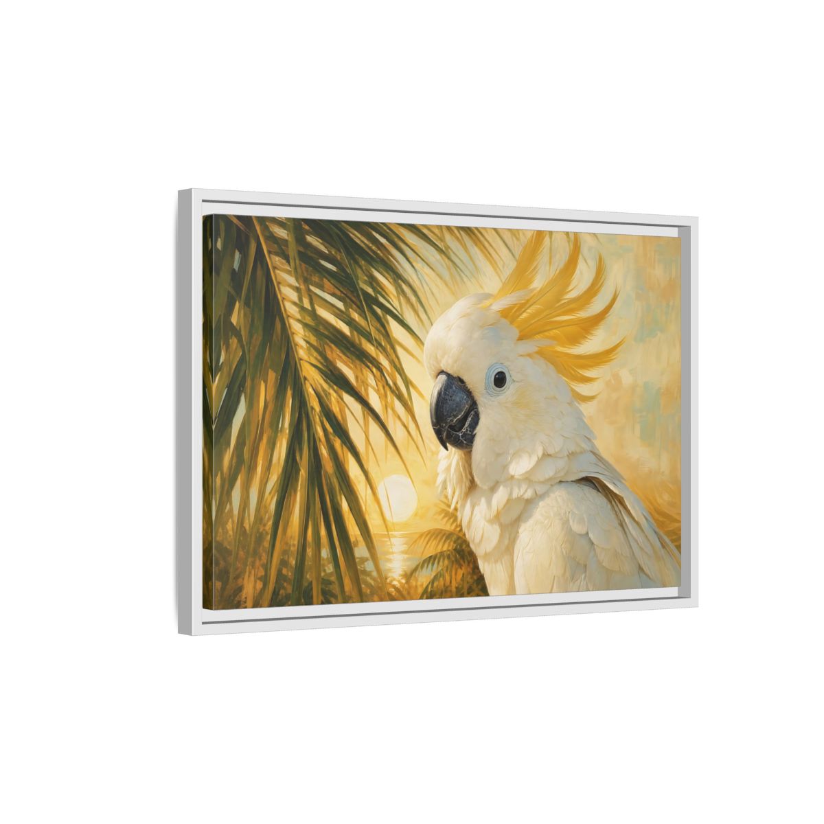 Side Mockup 1. Birds Cockatoo Tropical Cockatoo shown as stretched canvas wall art
