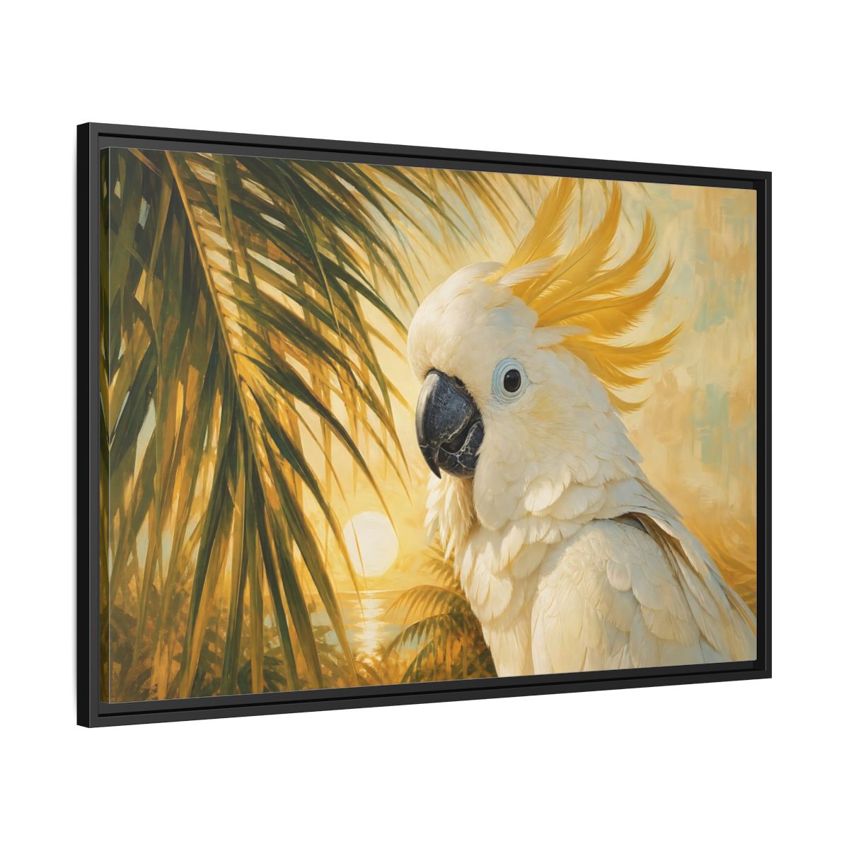 Side Mockup 13. Birds Cockatoo Tropical Cockatoo shown as stretched canvas wall art