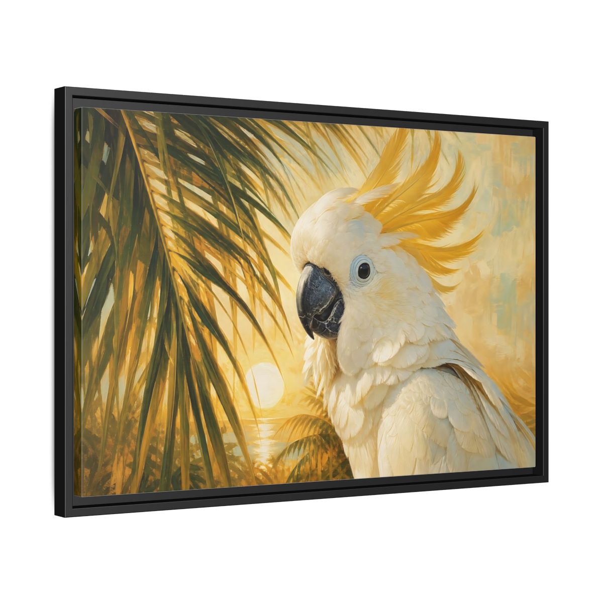 Side Mockup 14. Birds Cockatoo Tropical Cockatoo shown as stretched canvas wall art
