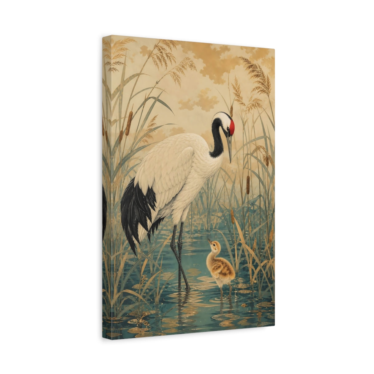 Side Mockup 4. Birds Crane Gold And Teal Crane shown as stretched canvas wall art