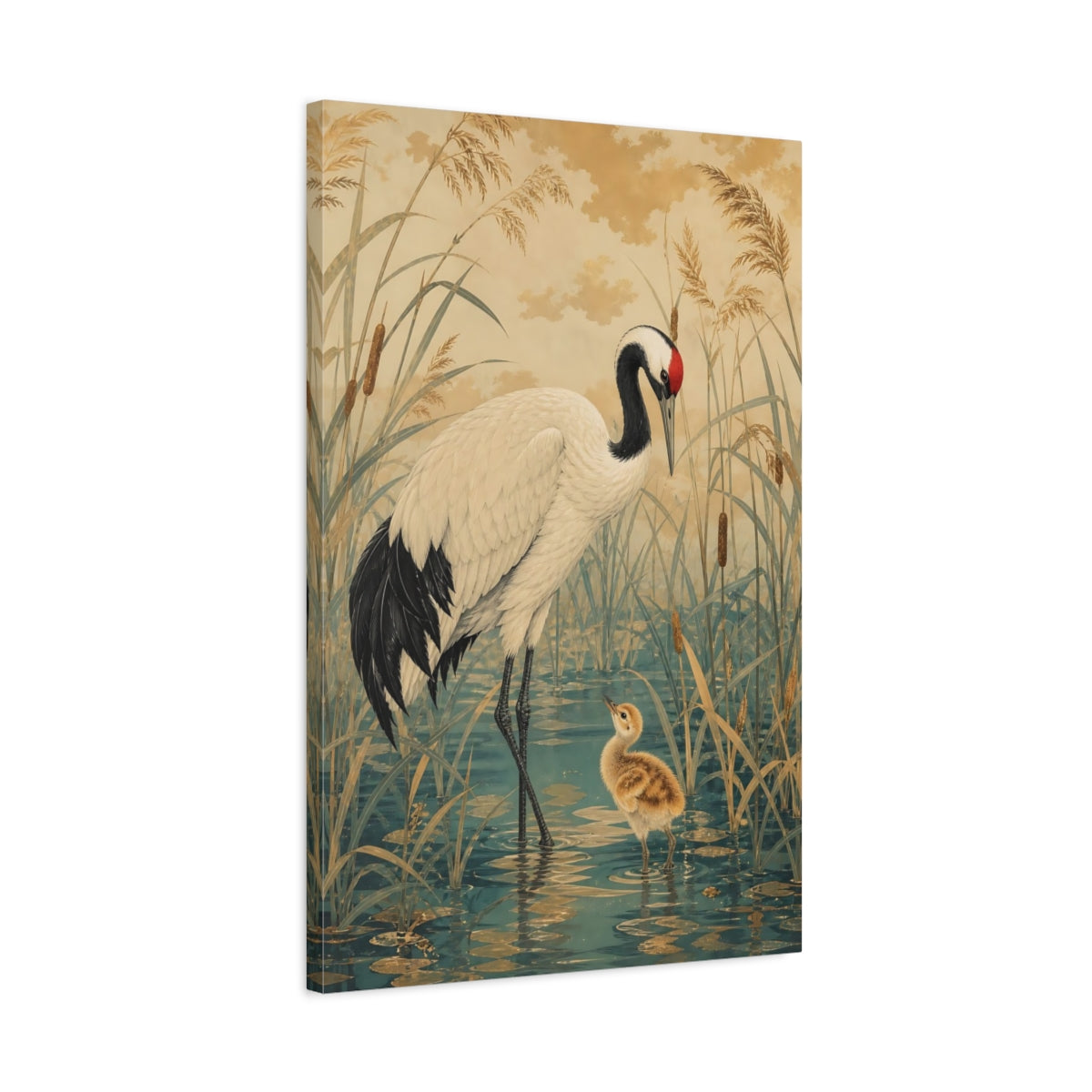 Side Mockup 2. Birds Crane Gold And Teal Crane shown as stretched canvas wall art