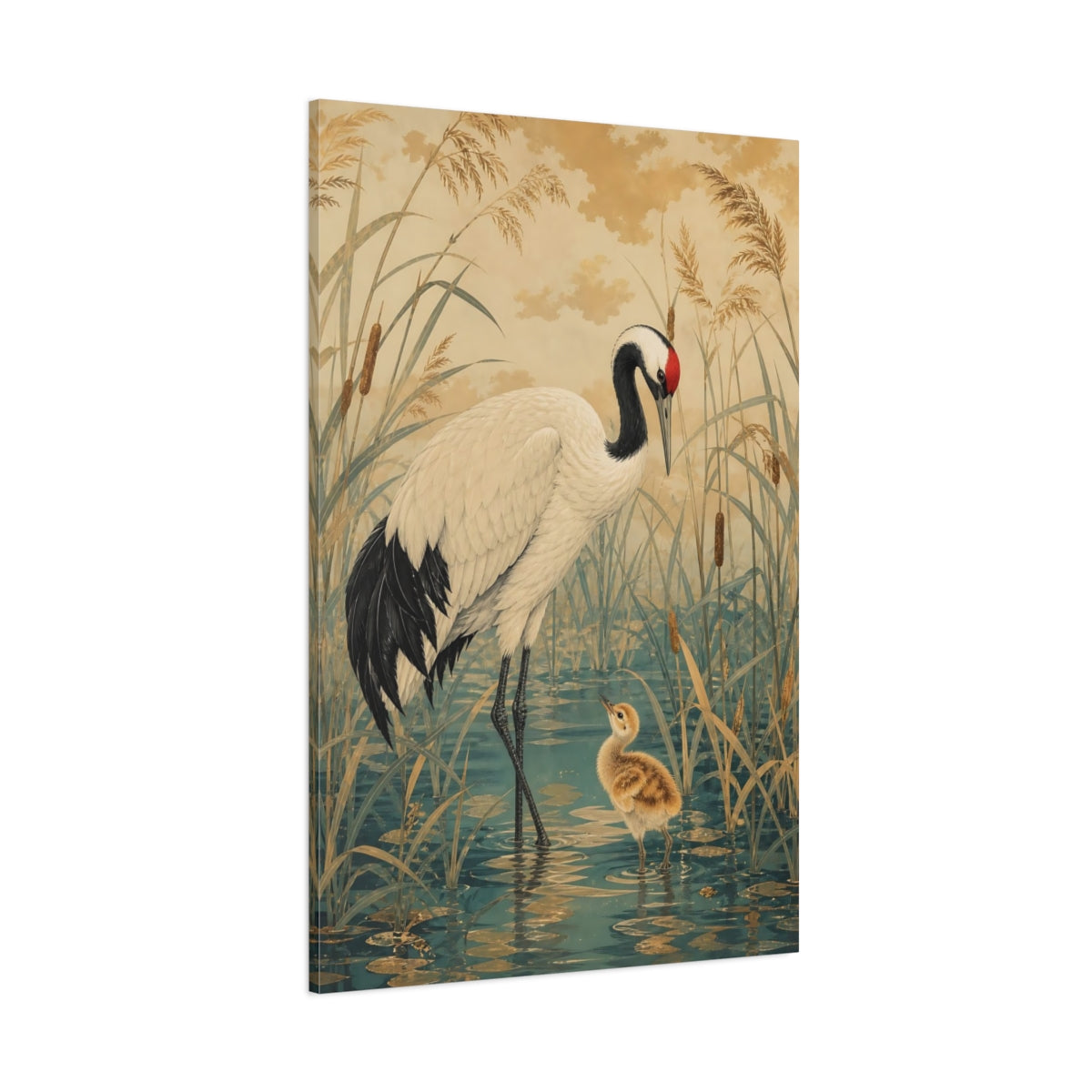 Side Mockup 1. Birds Crane Gold And Teal Crane shown as stretched canvas wall art
