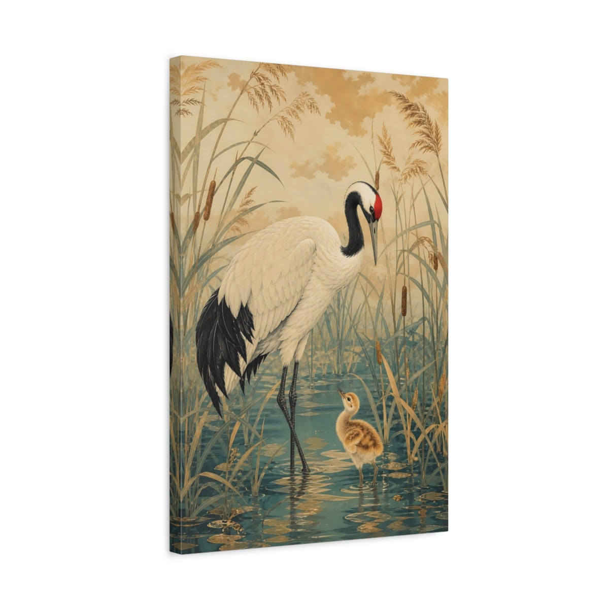Side Mockup 3. Birds Crane Gold And Teal Crane shown as stretched canvas wall art