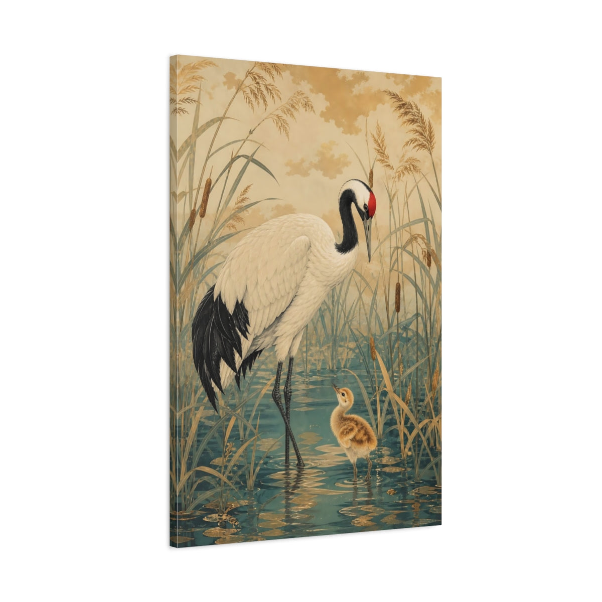 Main Mockup. Birds Crane Gold And Teal Crane shown as stretched canvas wall art