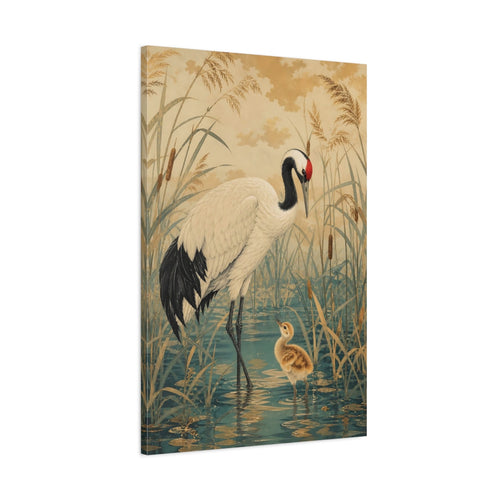 Main Mockup. Birds Crane Gold And Teal Crane shown as stretched canvas wall art