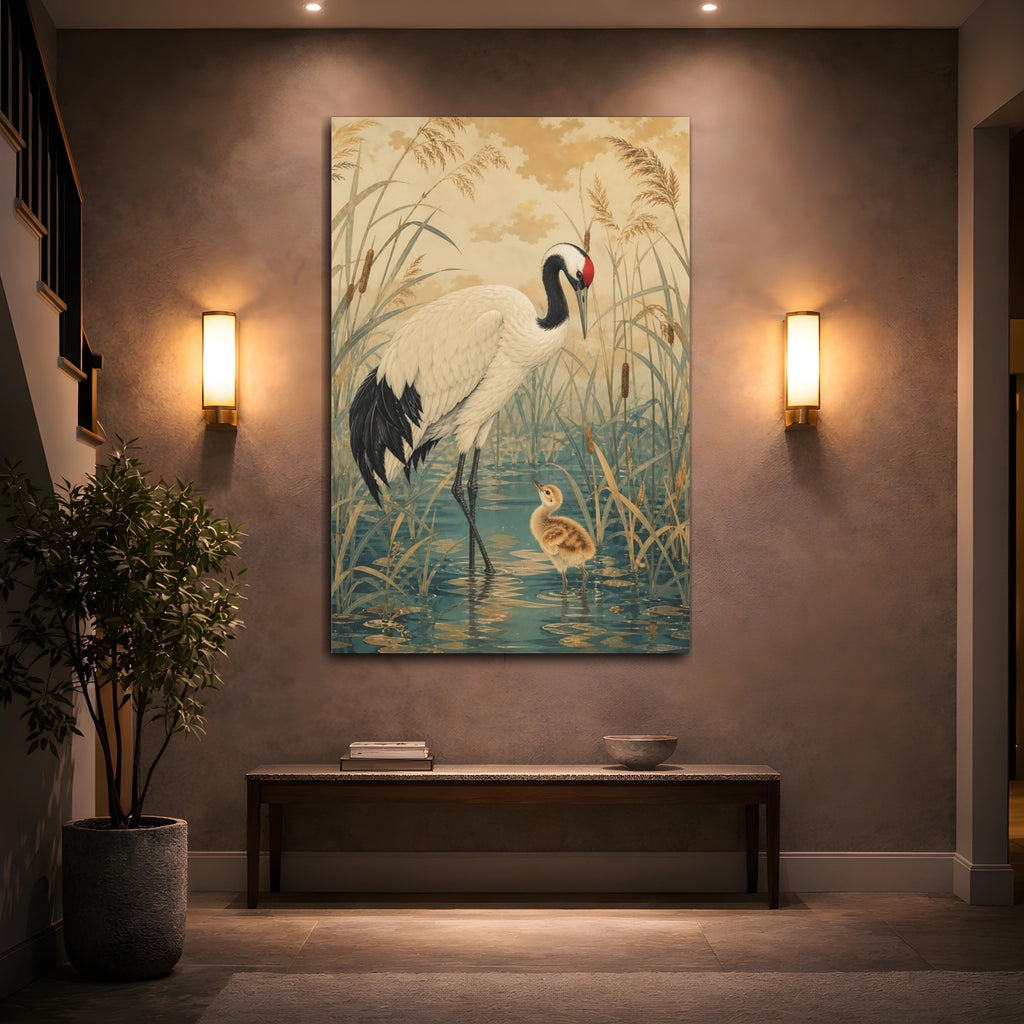 Mockup 2. Birds Crane Gold And Teal Crane shown as stretched canvas wall art