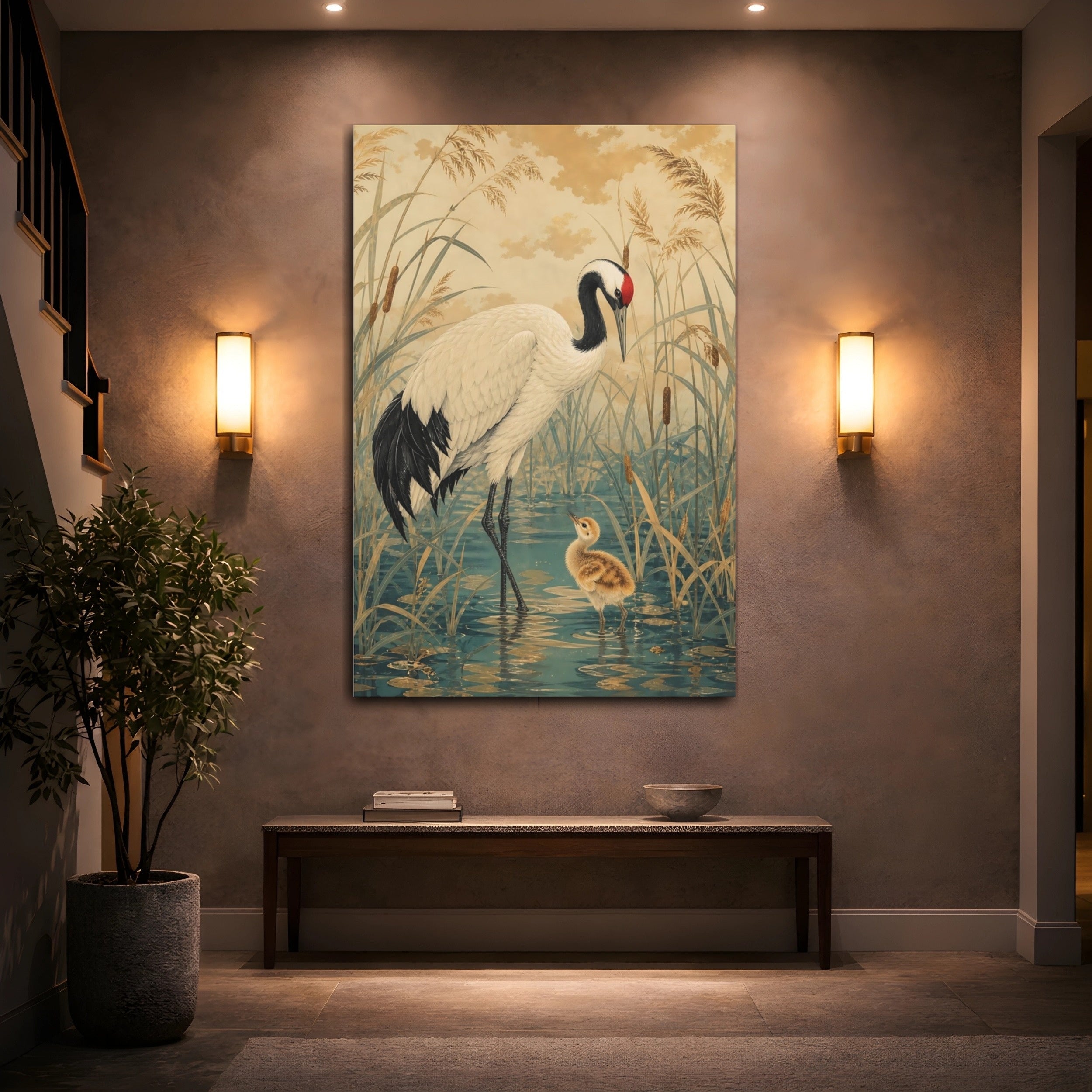Mockup 2. Birds Crane Gold And Teal Crane shown as stretched canvas wall art