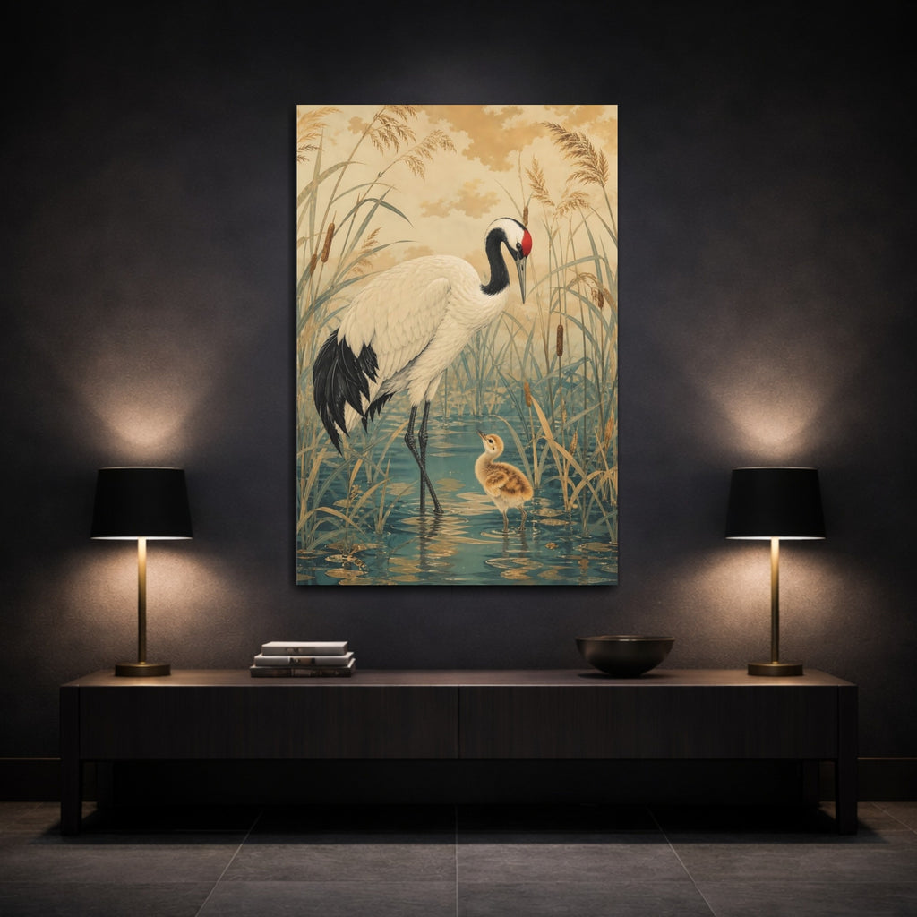 Mockup 3. Birds Crane Gold And Teal Crane shown as stretched canvas wall art