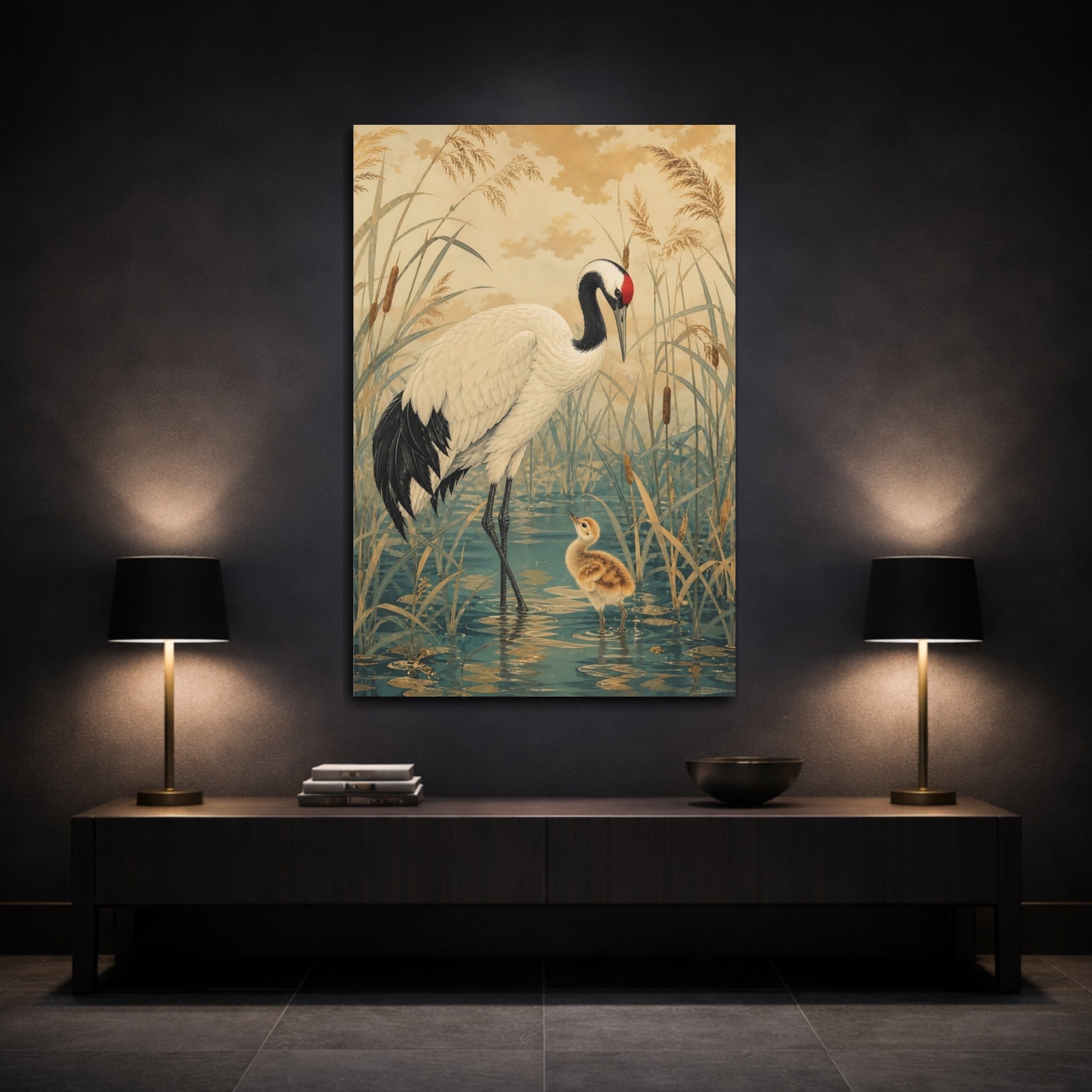 Mockup 3. Birds Crane Gold And Teal Crane shown as stretched canvas wall art