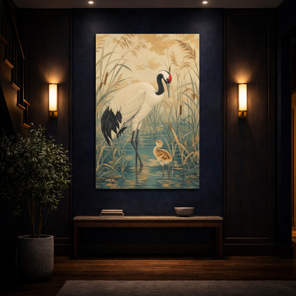 Mockup 4. Birds Crane Gold And Teal Crane shown as stretched canvas wall art
