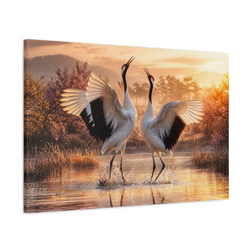 Main Mockup. Birds Cranes Orange And White shown as stretched canvas wall art