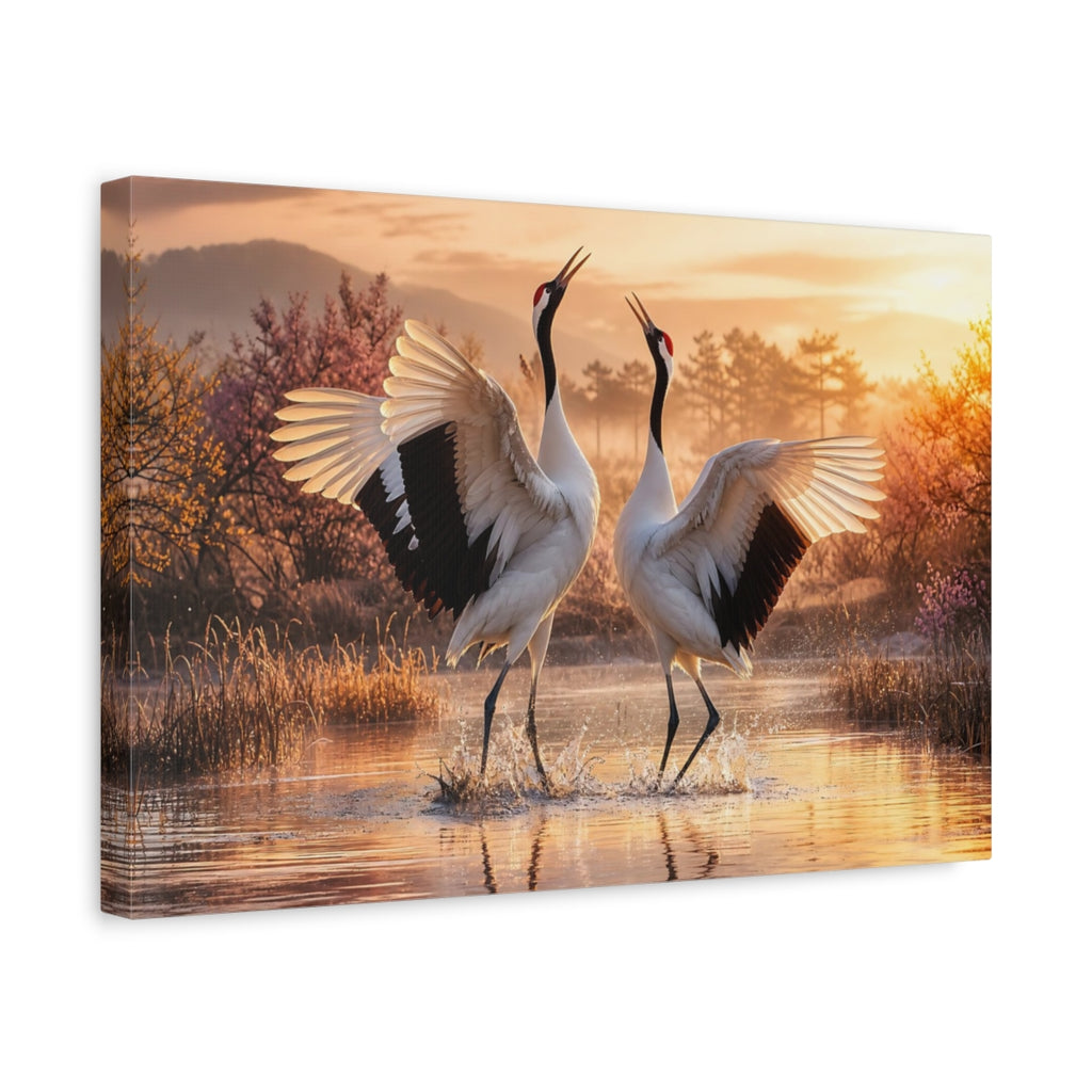 Side Mockup 4. Birds Cranes Orange And White shown as stretched canvas wall art