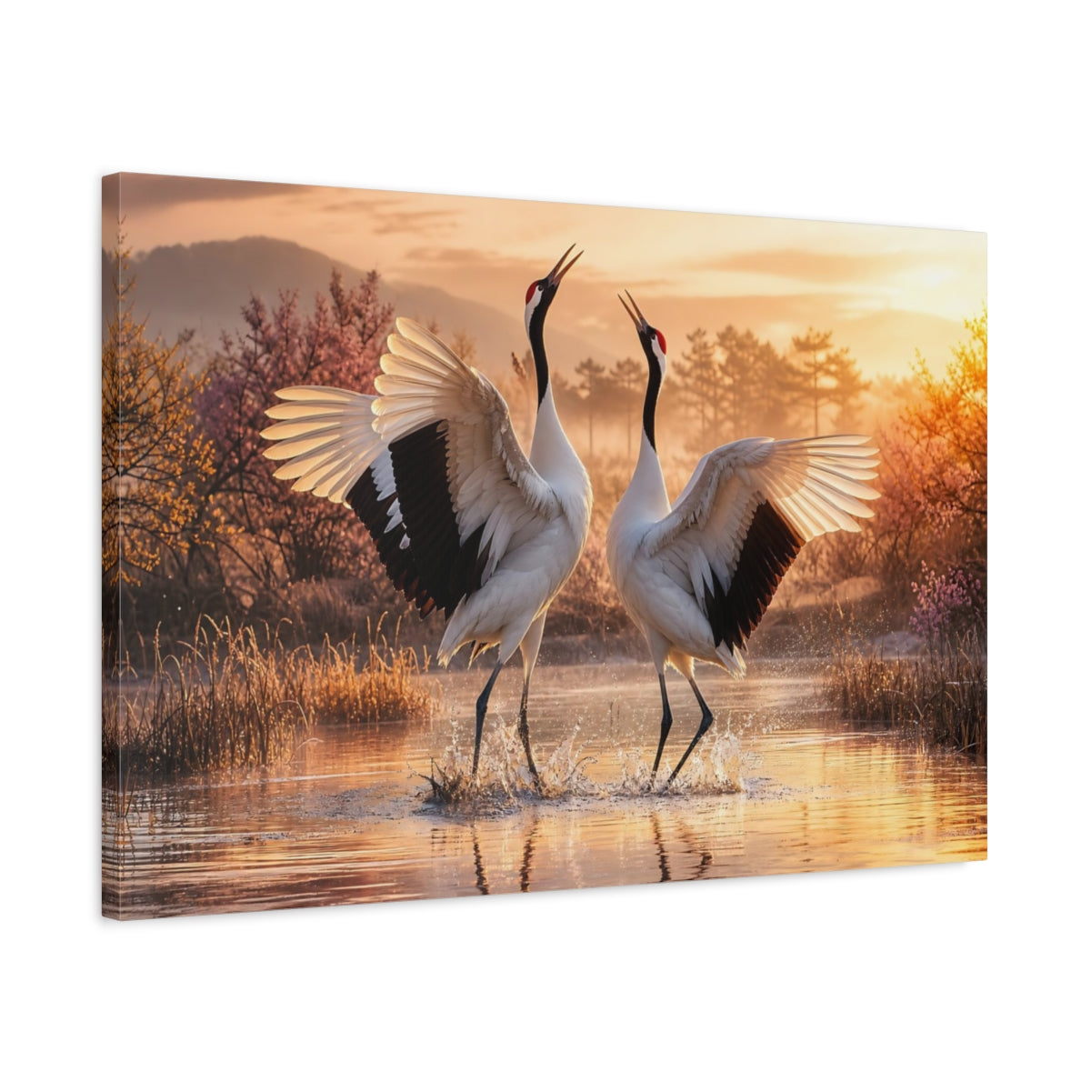 Side Mockup 2. Birds Cranes Orange And White shown as stretched canvas wall art
