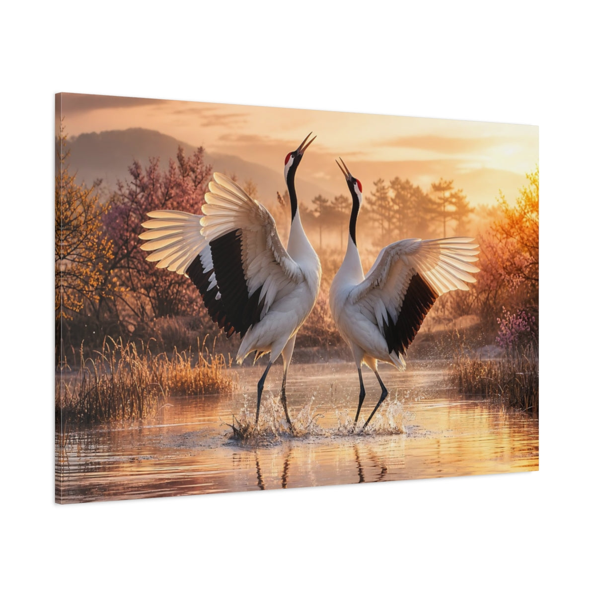 Side Mockup 1. Birds Cranes Orange And White shown as stretched canvas wall art