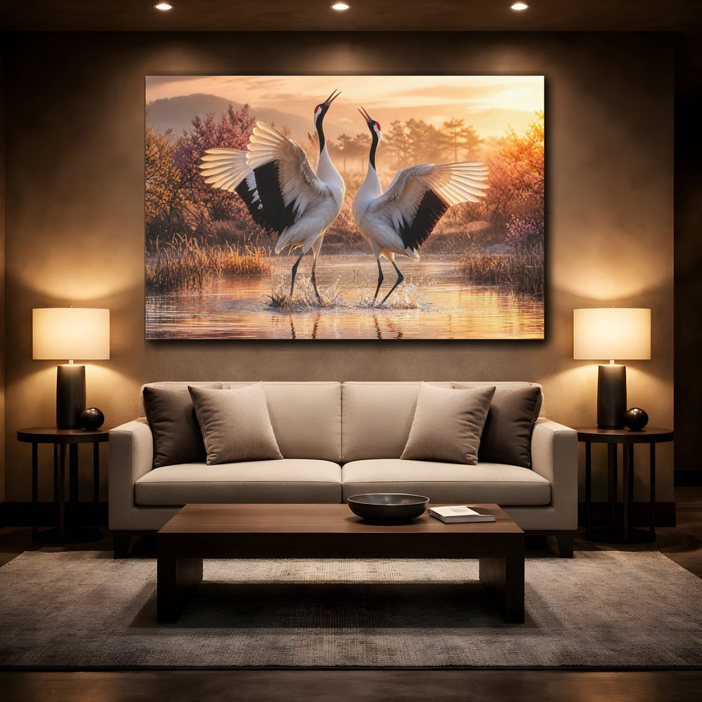 Mockup 2. Birds Cranes Orange And White shown as stretched canvas wall art