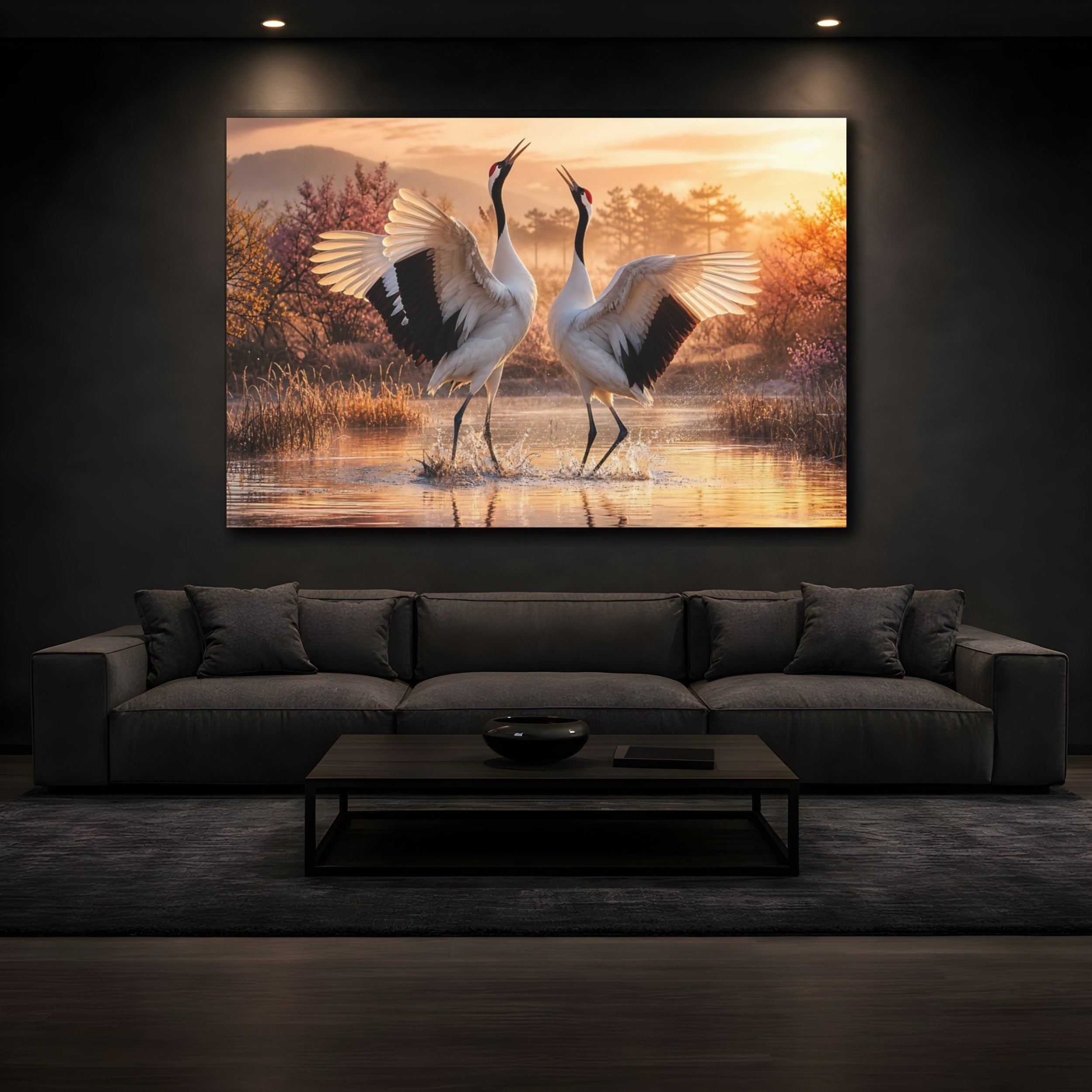 Mockup 3. Birds Cranes Orange And White shown as stretched canvas wall art