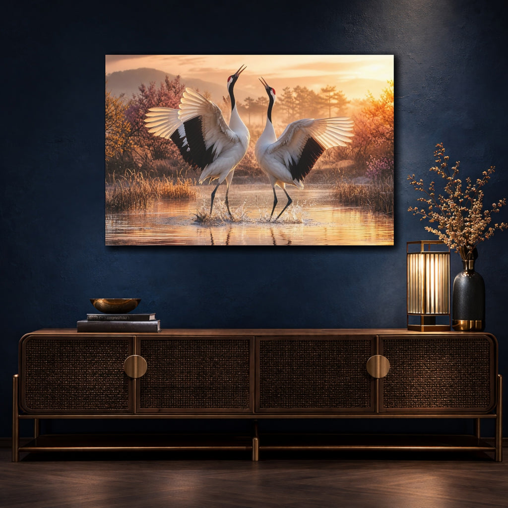 Mockup 4. Birds Cranes Orange And White shown as stretched canvas wall art