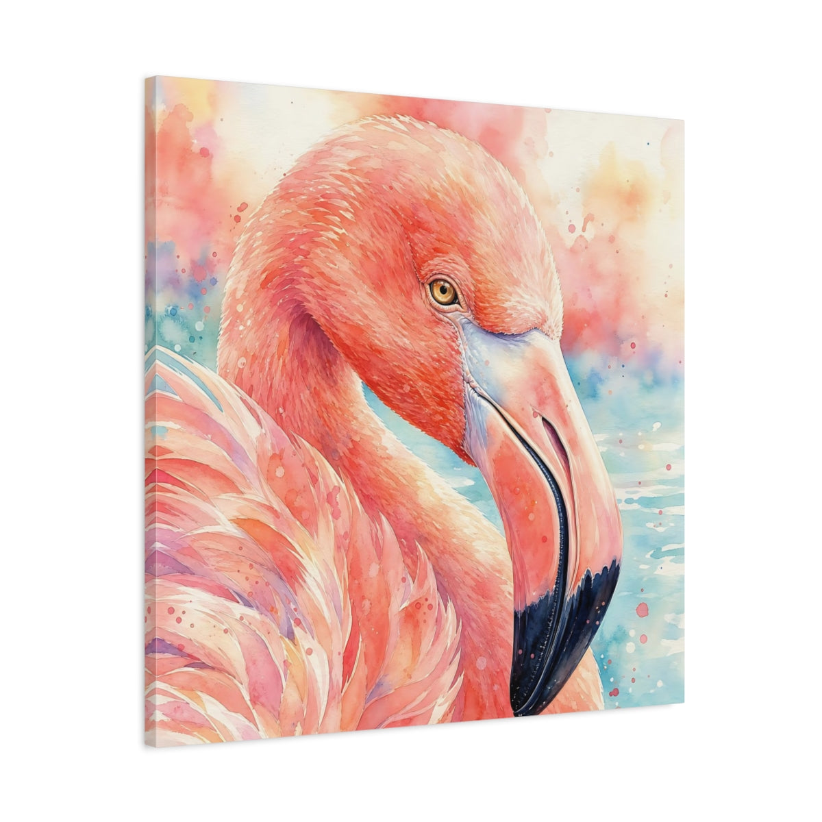 Side Mockup 3. Birds Flamingo Pink Flamingo shown as stretched canvas wall art