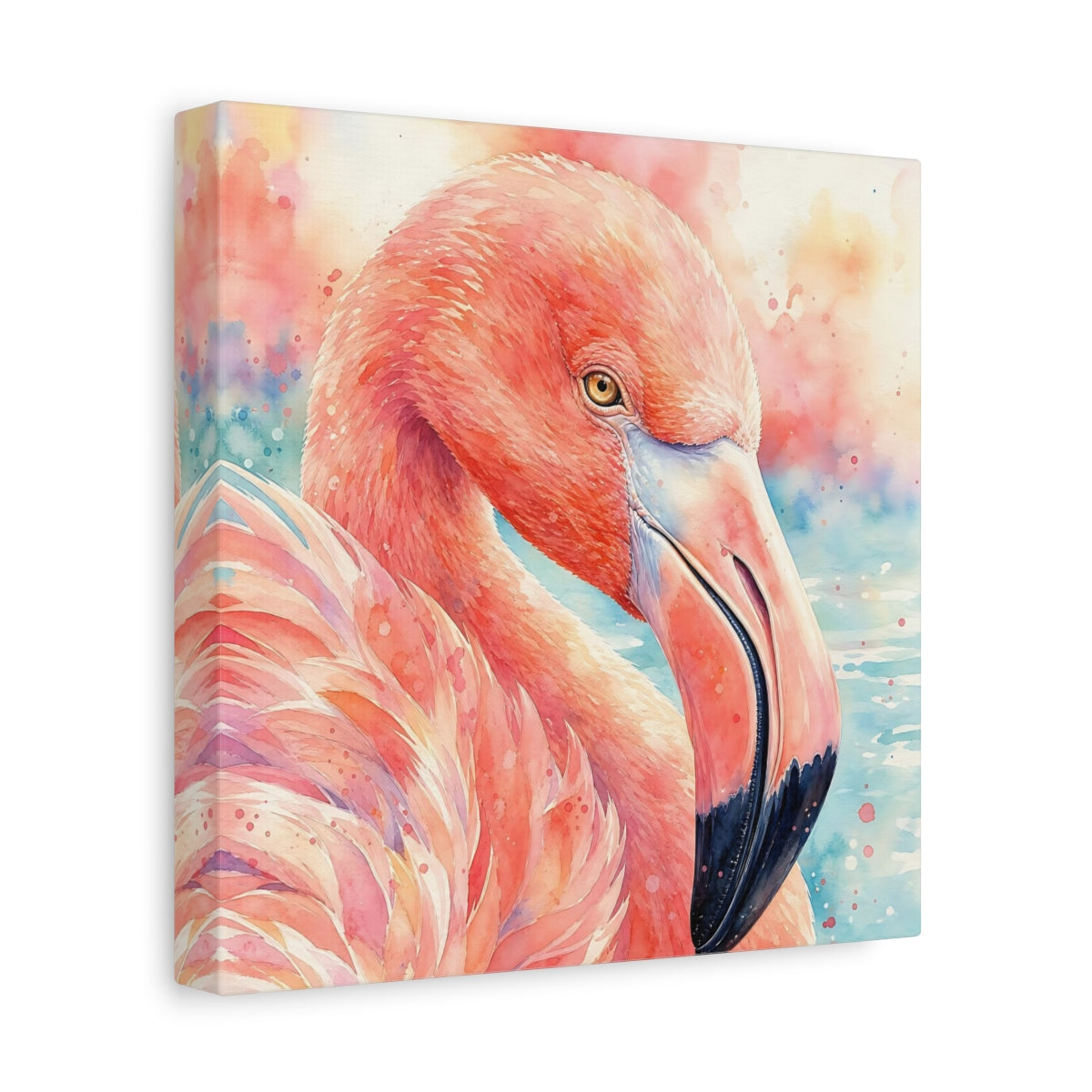 Side Mockup 9. Birds Flamingo Pink Flamingo shown as stretched canvas wall art