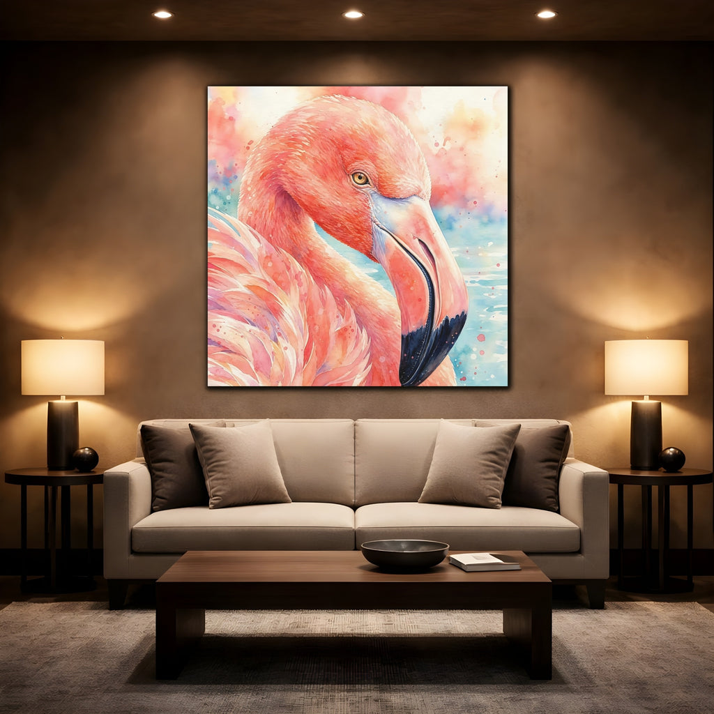 Mockup 2. Birds Flamingo Pink Flamingo shown as stretched canvas wall art