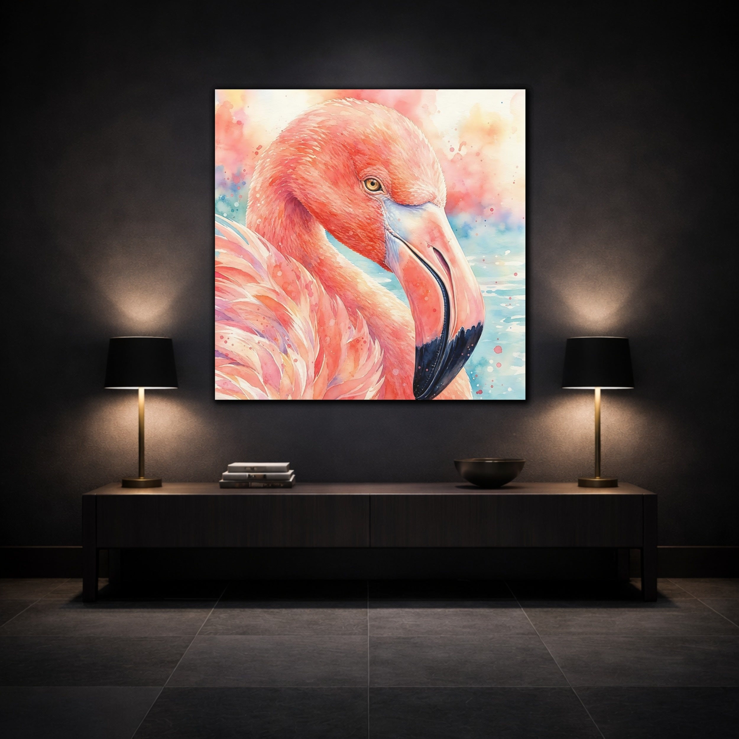 Mockup 3. Birds Flamingo Pink Flamingo shown as stretched canvas wall art