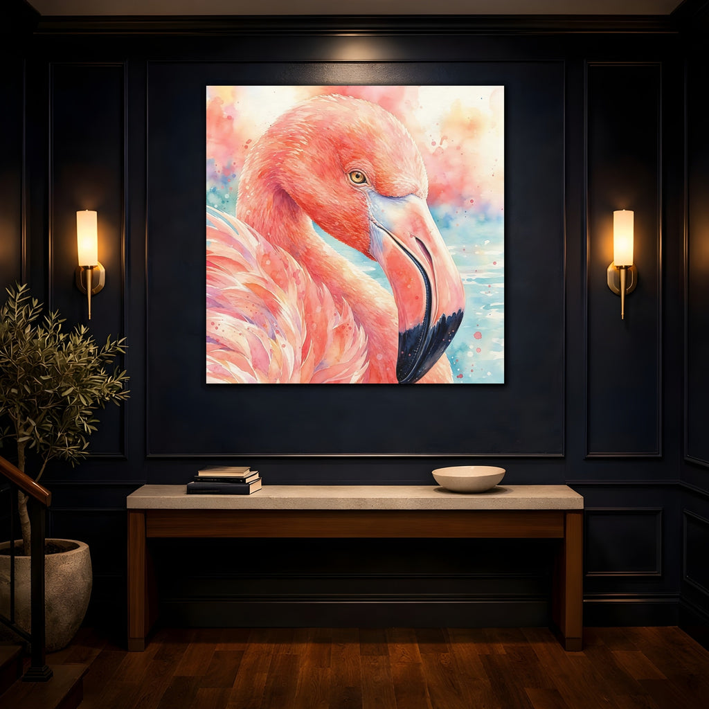 Mockup 4. Birds Flamingo Pink Flamingo shown as stretched canvas wall art