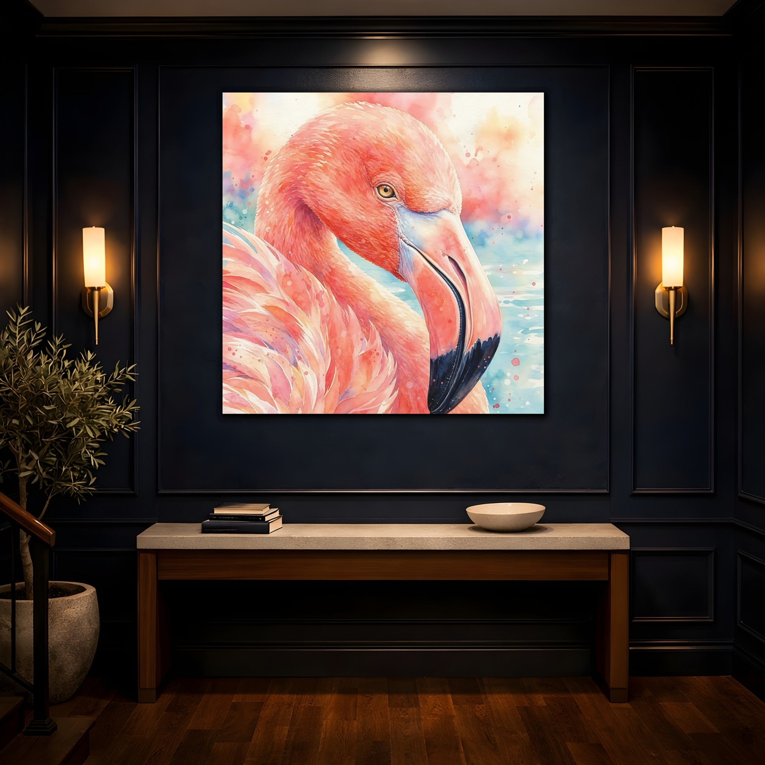Mockup 4. Birds Flamingo Pink Flamingo shown as stretched canvas wall art