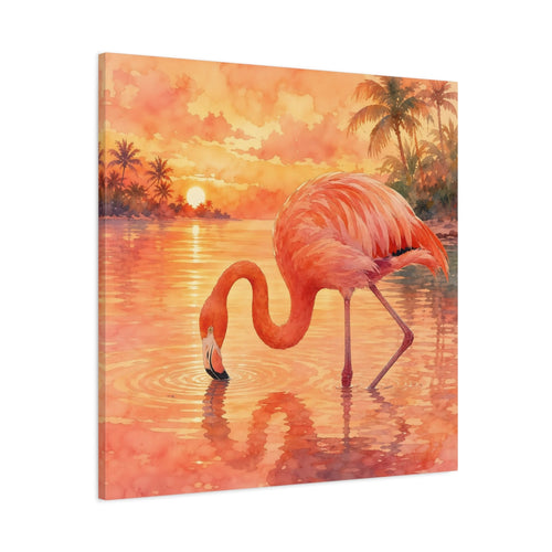 Main Mockup. Birds Flamingo Pink Flamingo Sunset shown as stretched canvas wall art