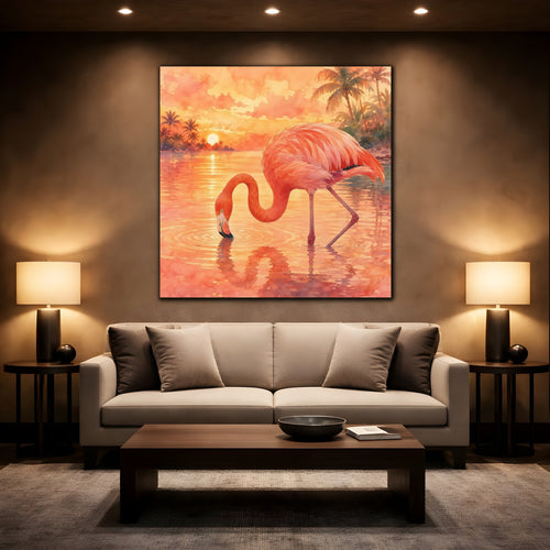 Mockup 2. Birds Flamingo Pink Flamingo Sunset shown as stretched canvas wall art