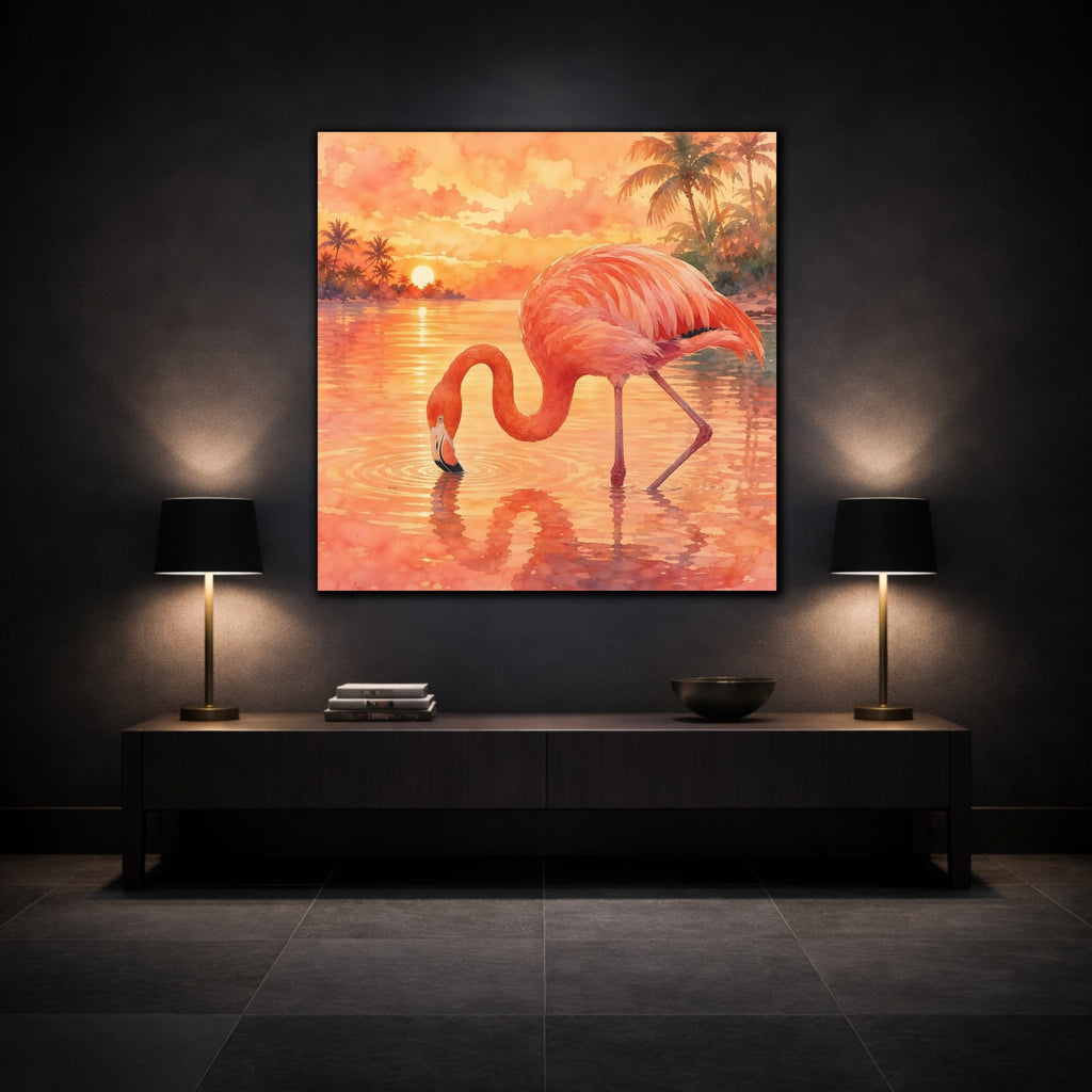 Mockup 3. Birds Flamingo Pink Flamingo Sunset shown as stretched canvas wall art