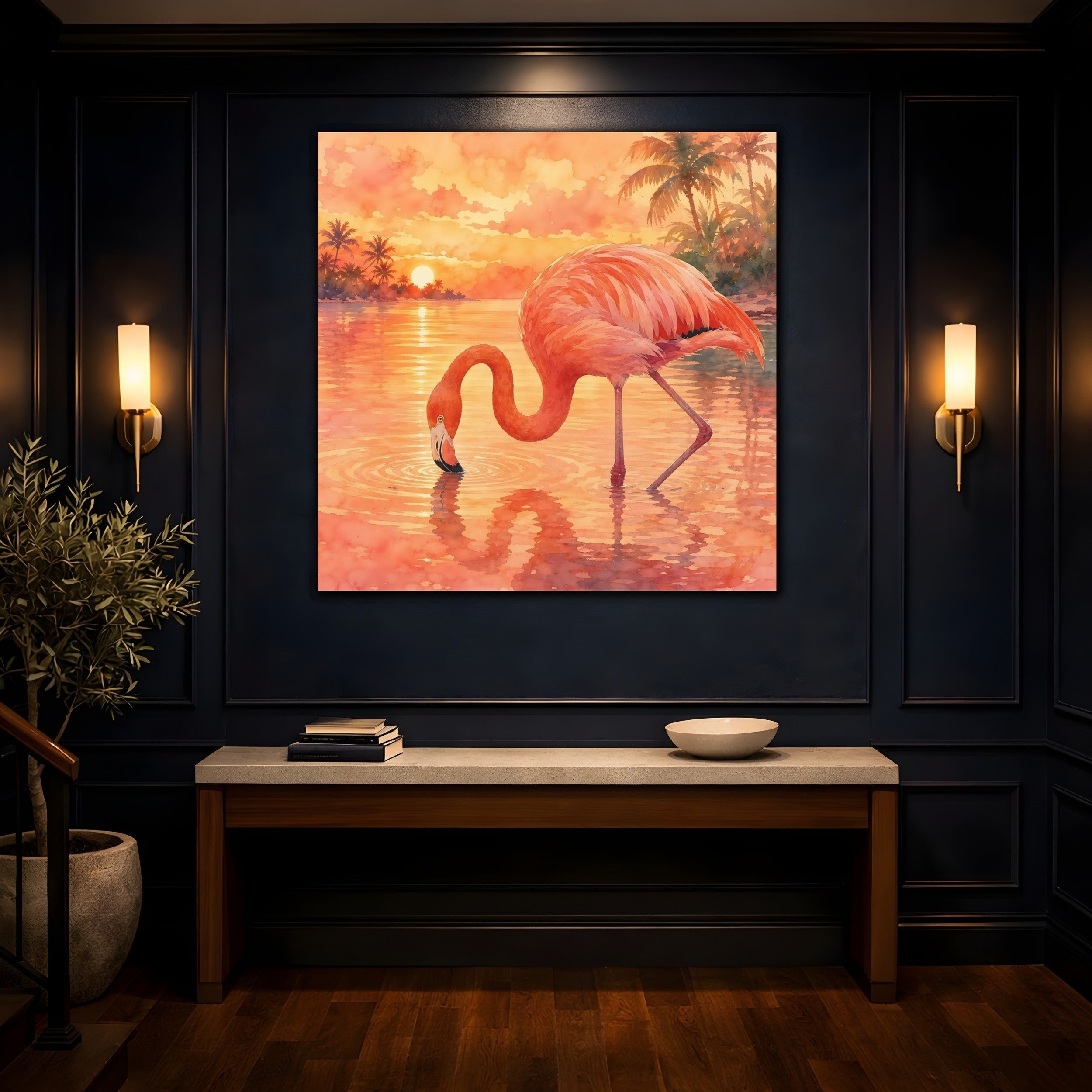 Mockup 4. Birds Flamingo Pink Flamingo Sunset shown as stretched canvas wall art