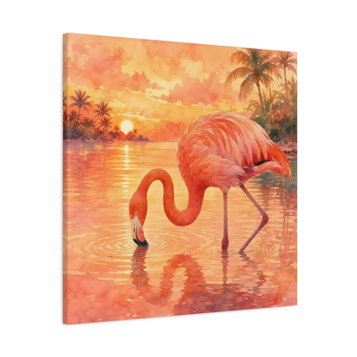 Side Mockup 3. Birds Flamingo Pink Flamingo Sunset shown as stretched canvas wall art