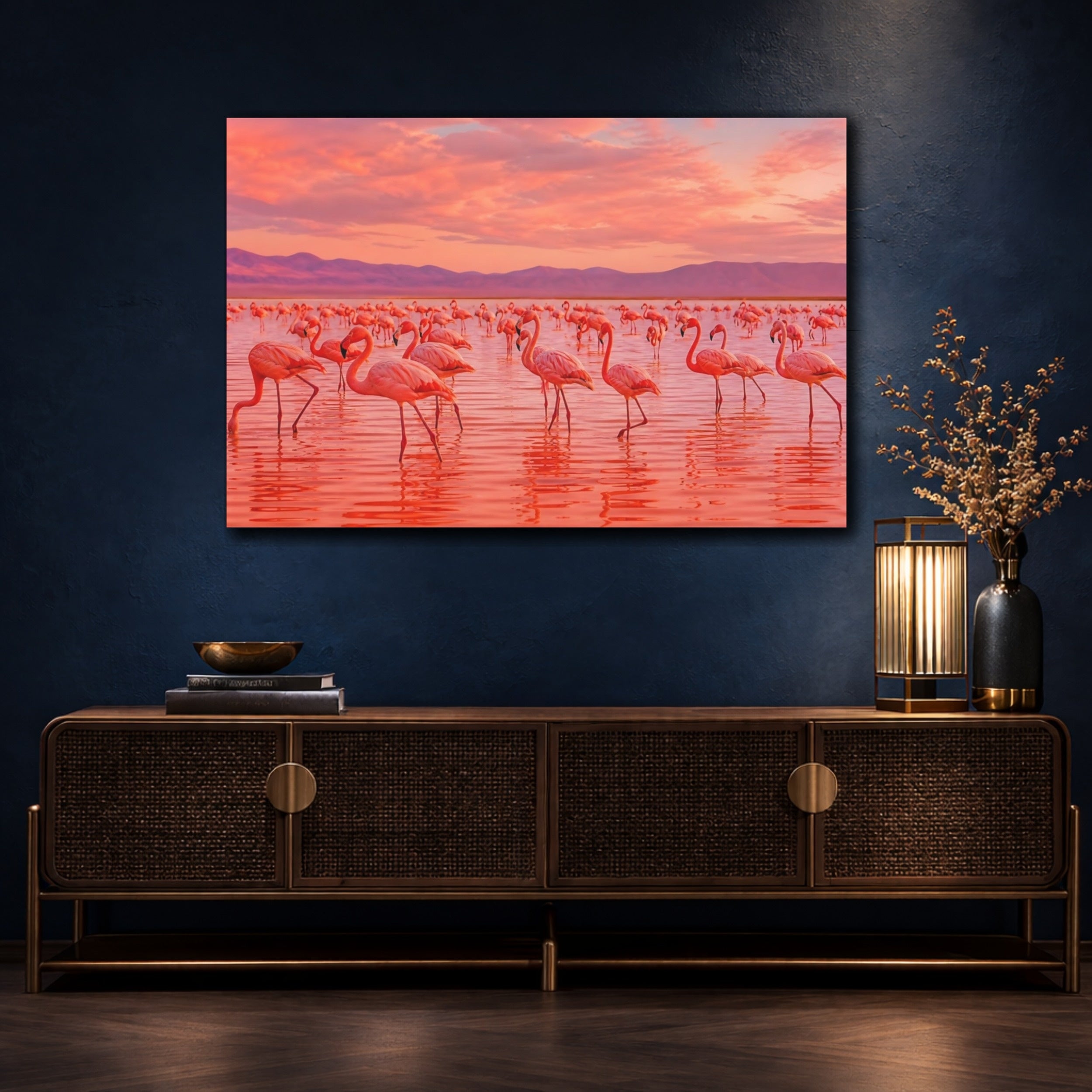Mockup 4. Birds Flamingos Pink Flamingos shown as canvas print