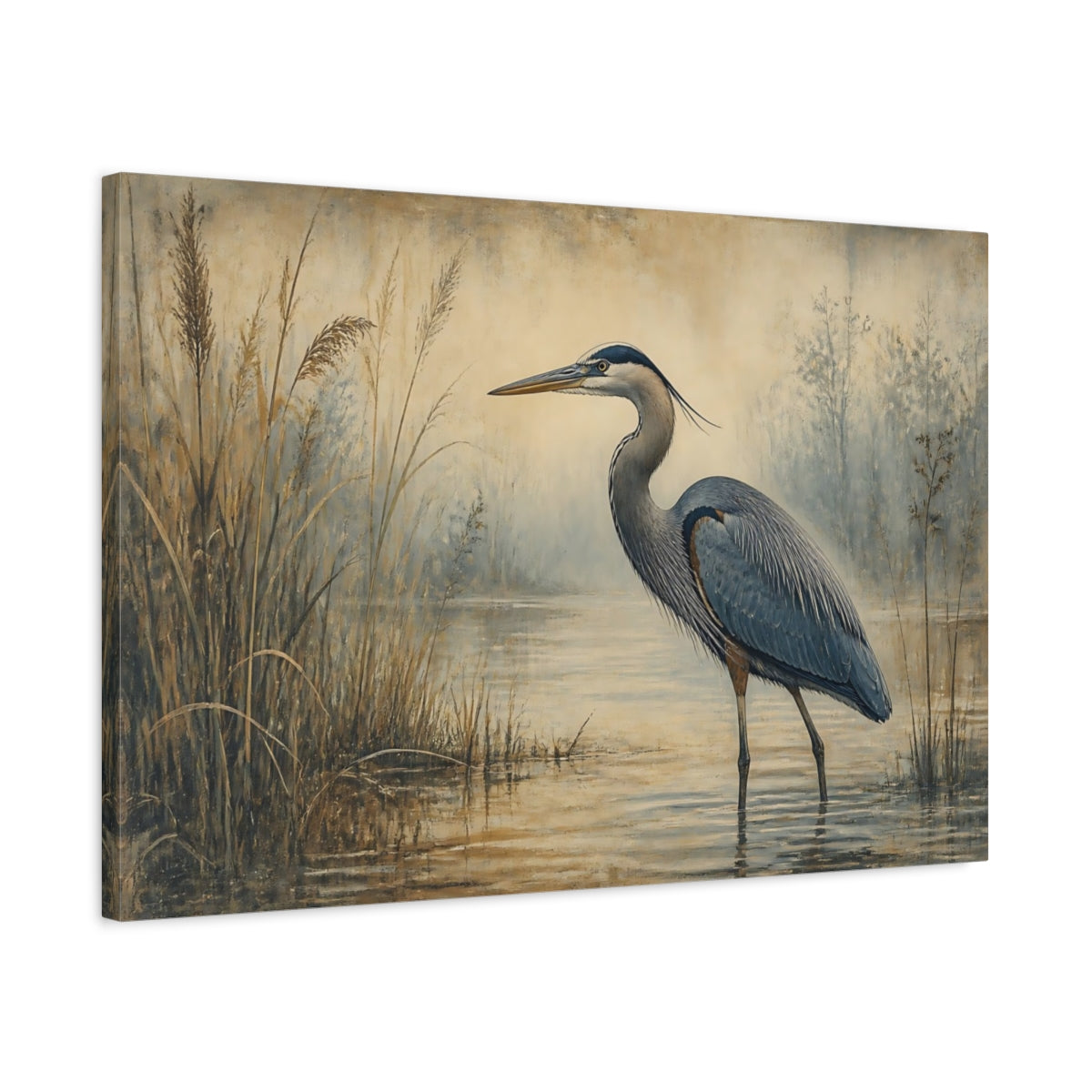 Side Mockup 2. Birds Heron Blue Heron shown as canvas print